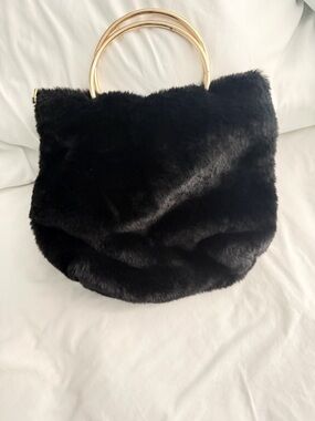 Black Faux Fur Tote with Gold Ring Handles